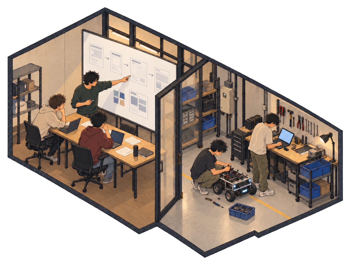 An anime-style miniature Accio workspace, with a team discussing branding and website design beside an engineering workshop where mobile robots are being assembled.
