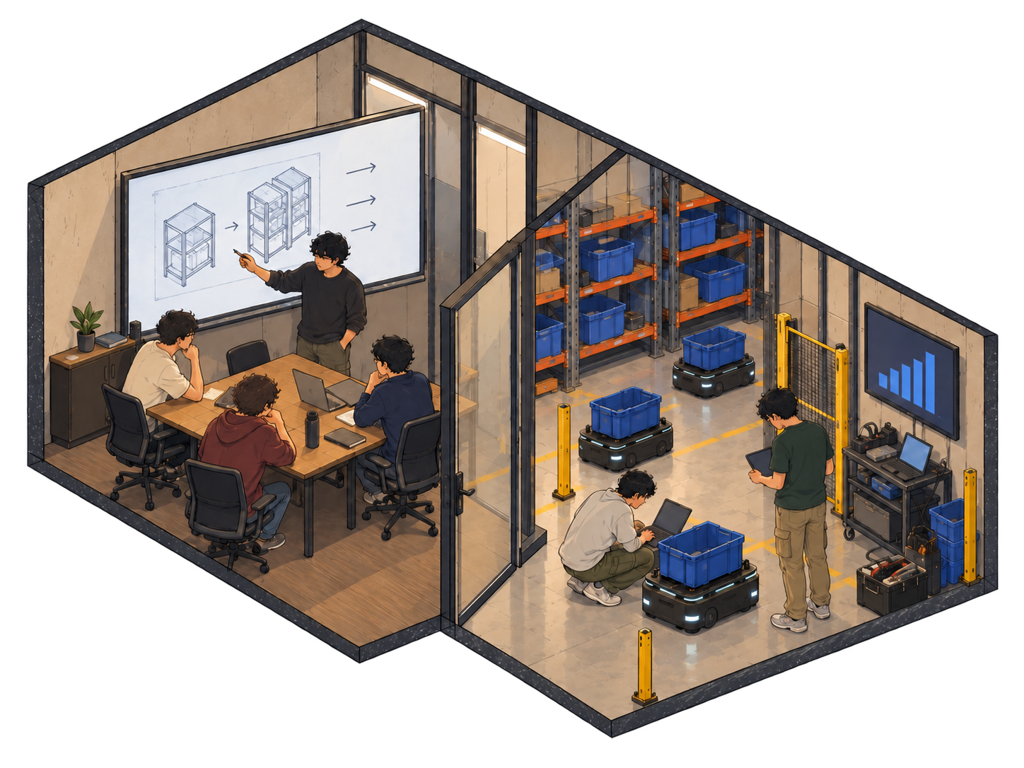 An anime-style miniature meeting room beside a robot testing area, with a team discussing dark-store automation, blue storage totes, and mobile robots.