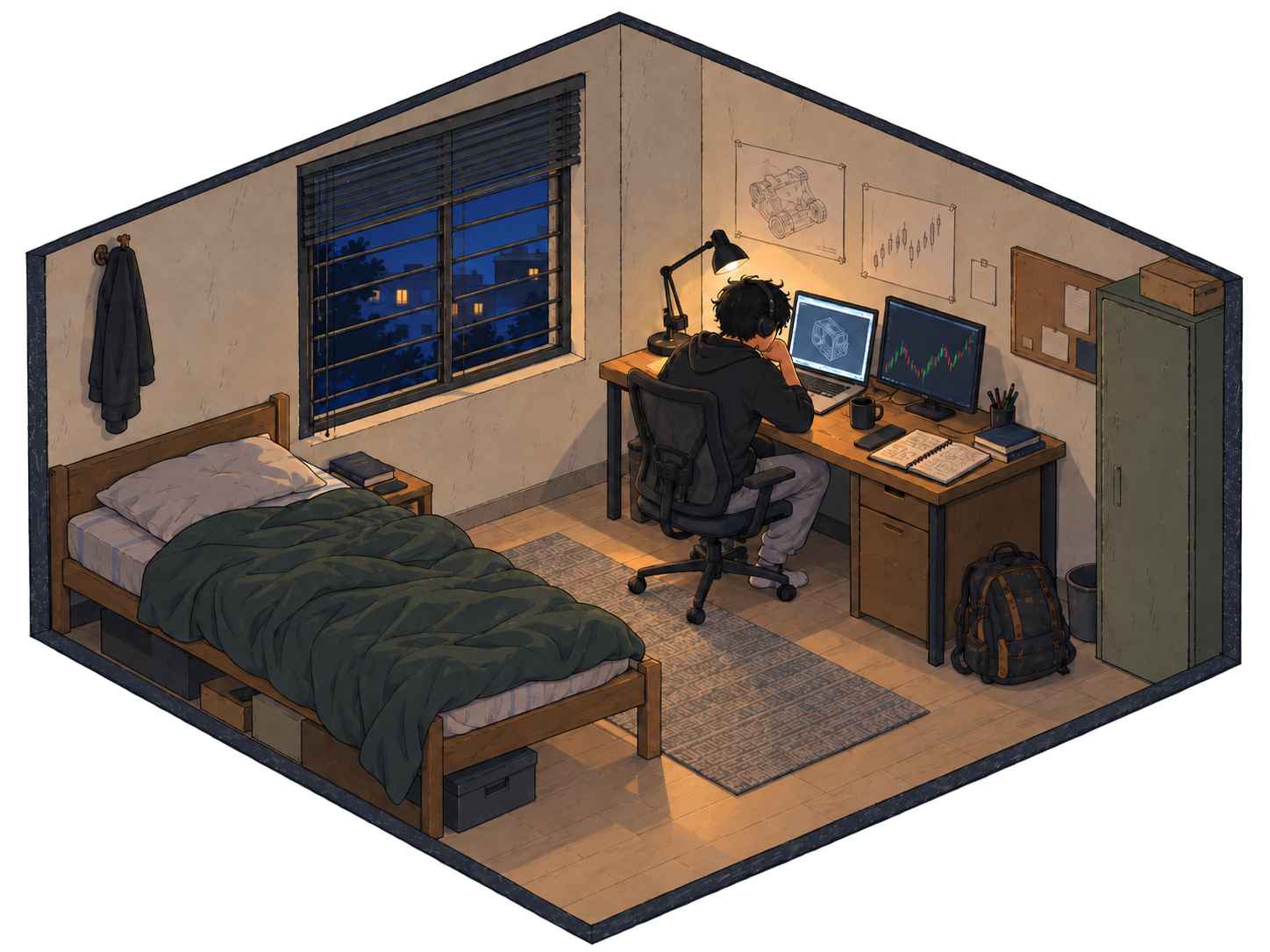 A hand-drawn miniature bedroom at night, with Suhail wearing headphones at a desk between CAD and crypto charts, beside a rumpled bed and an open notebook.