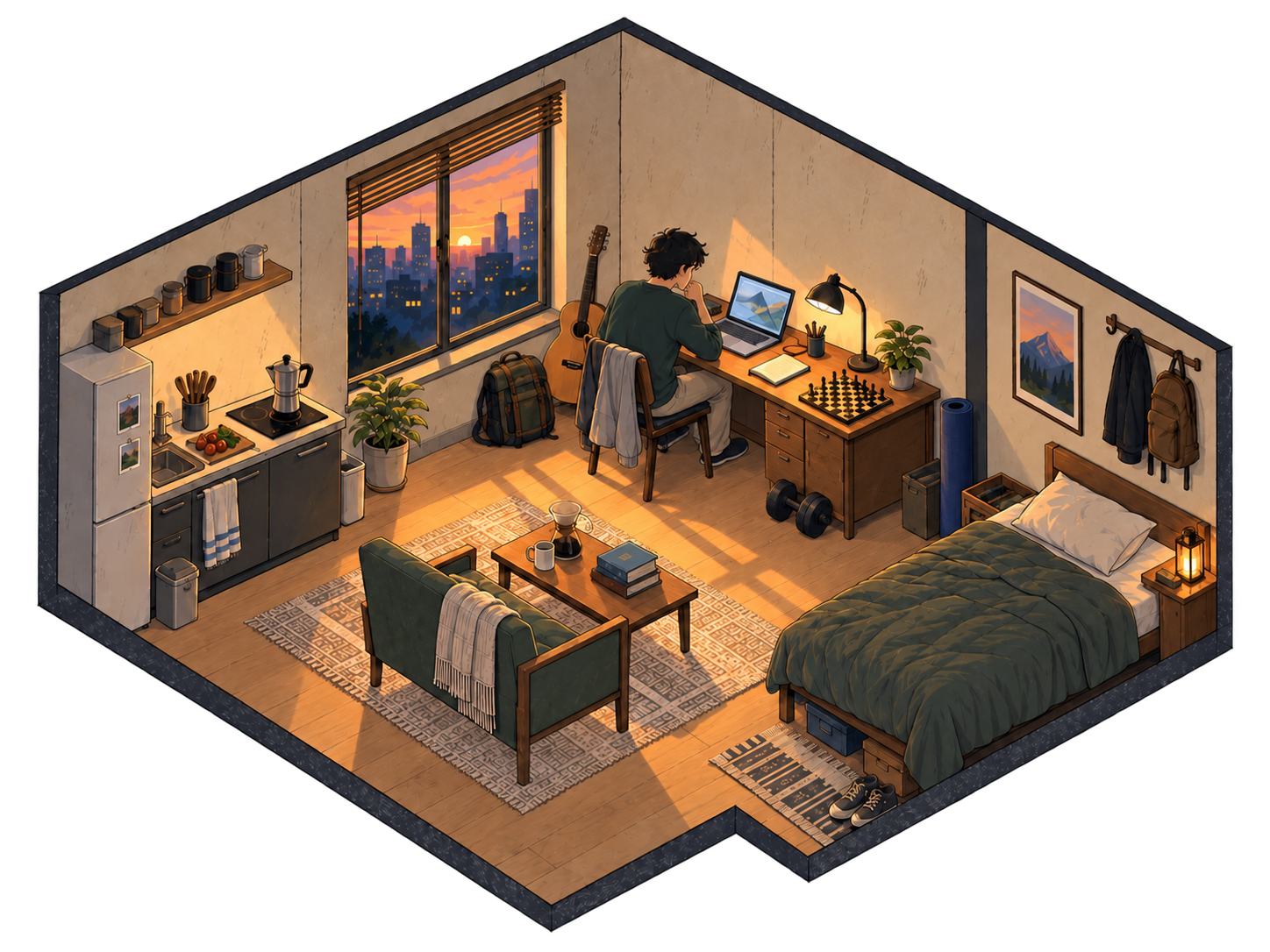 An illustrated miniature studio at sunset. Suhail works at a desk beside a chessboard, surrounded by books, coffee equipment, a small kitchen, and exercise gear.