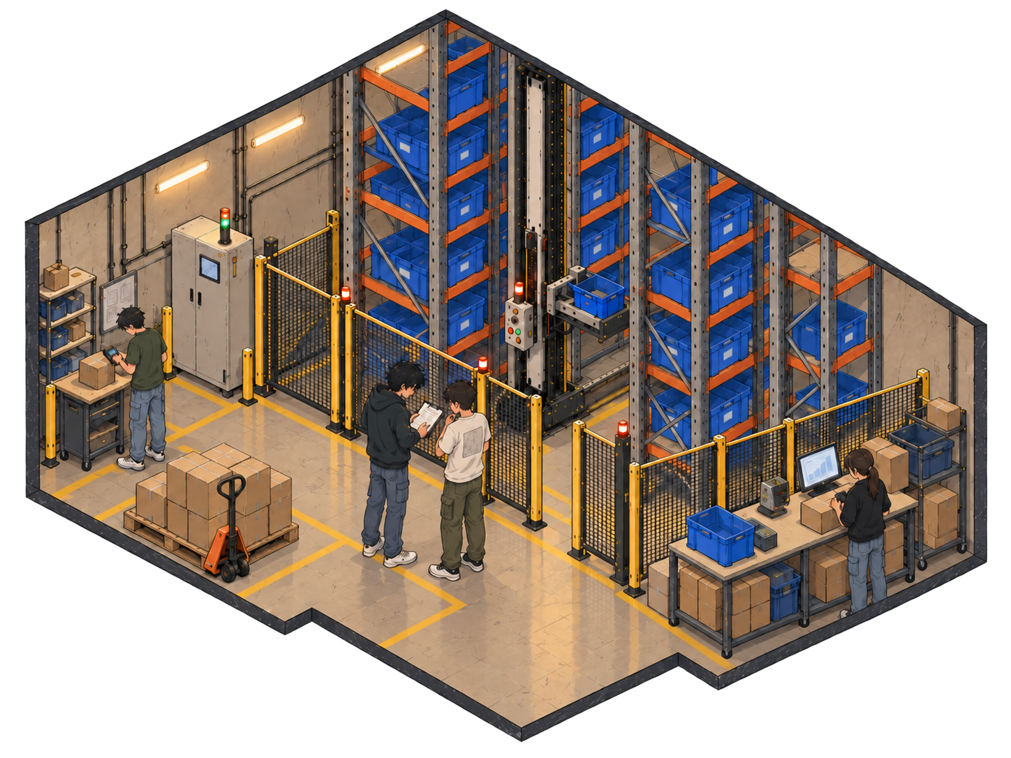 An anime-style miniature warehouse with a central gantry robot, tall racks of blue totes, yellow safety fencing, packing stations, and four people working around the system.